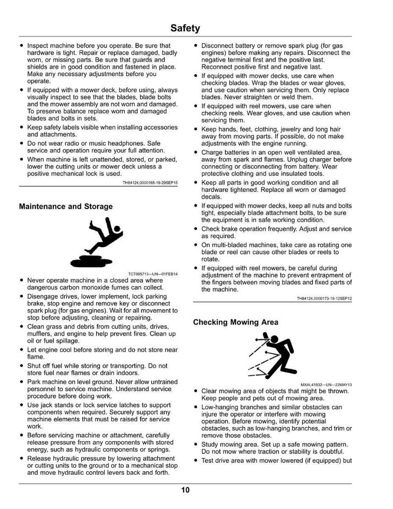 May include: A safety guide for lawn mower operation and maintenance, with diagrams. Includes advice on blade checks, battery safety, and mowing area preparation. Features illustrations of safe practices.