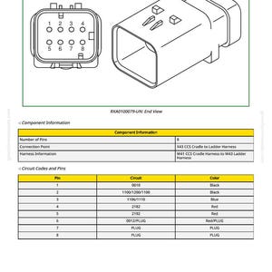 May include: An electrical connector with eight pins, labeled 1 through 8, and a corresponding receptacle. The image includes a table detailing circuit codes and pin colors. Text on the image reads "RXA0100079-UN: End View."