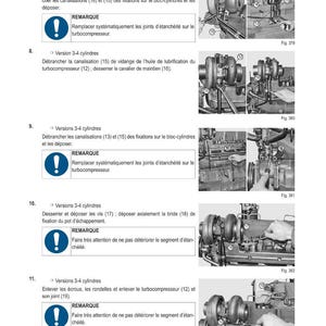 May include: Technical diagram with instructions for automotive maintenance. The image shows detailed illustrations of engine components, including a turbocharger, with accompanying text in French. The diagram includes numbered parts and steps for disassembly and repair.