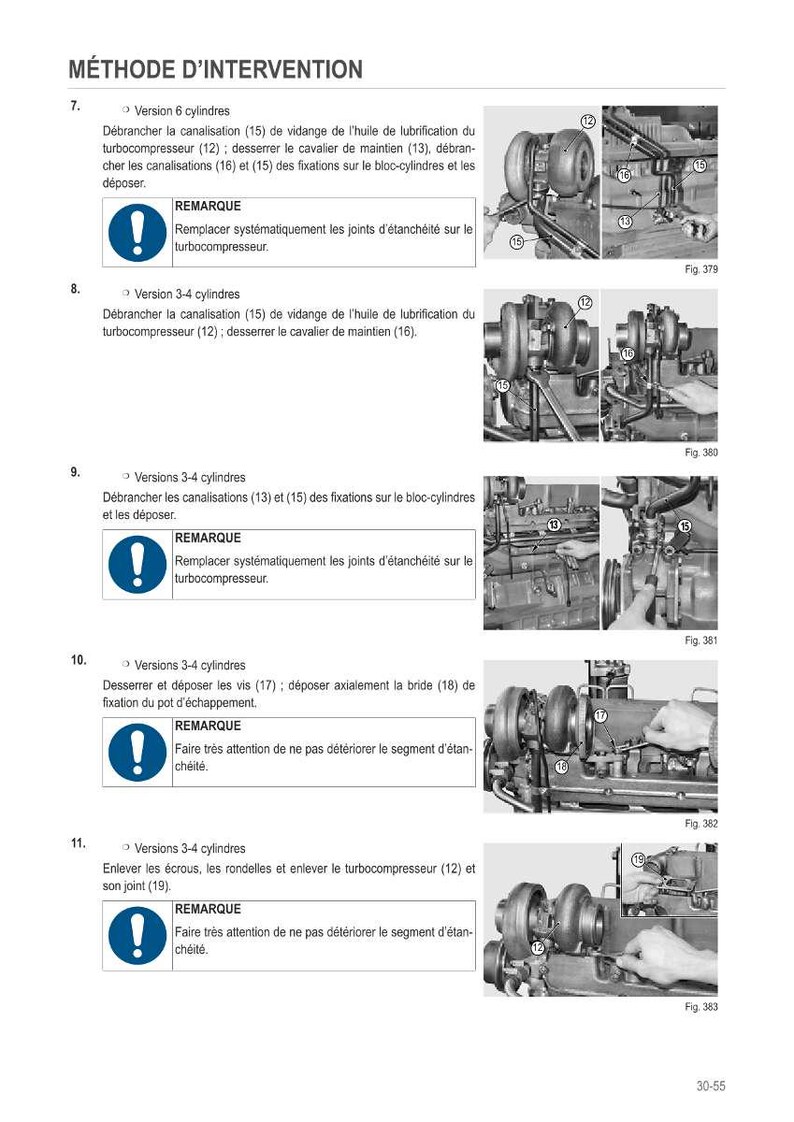 May include: Technical diagram with instructions for automotive maintenance. The image shows detailed illustrations of engine components, including a turbocharger, with accompanying text in French. The diagram includes numbered parts and steps for disassembly and repair.