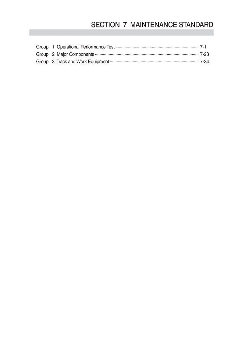 K&ouml;nnte beinhalten: Eine Seite aus einem Handbuch mit der &Uuml;berschrift "SECTION 7 MAINTENANCE STANDARD". Die Seite listet drei Gruppen auf: Operational Performance Test, Major Components und Track and Work Equipment, mit Seitenzahlen.
