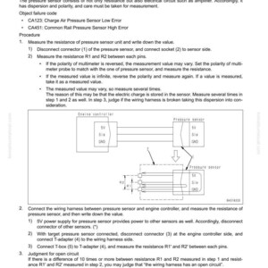 May include: A troubleshooting guide for an open circuit in a wiring harness of a pressure sensor system. The document includes diagrams and instructions for measuring resistance and identifying faults. Includes object failure codes and a wiring diagram.