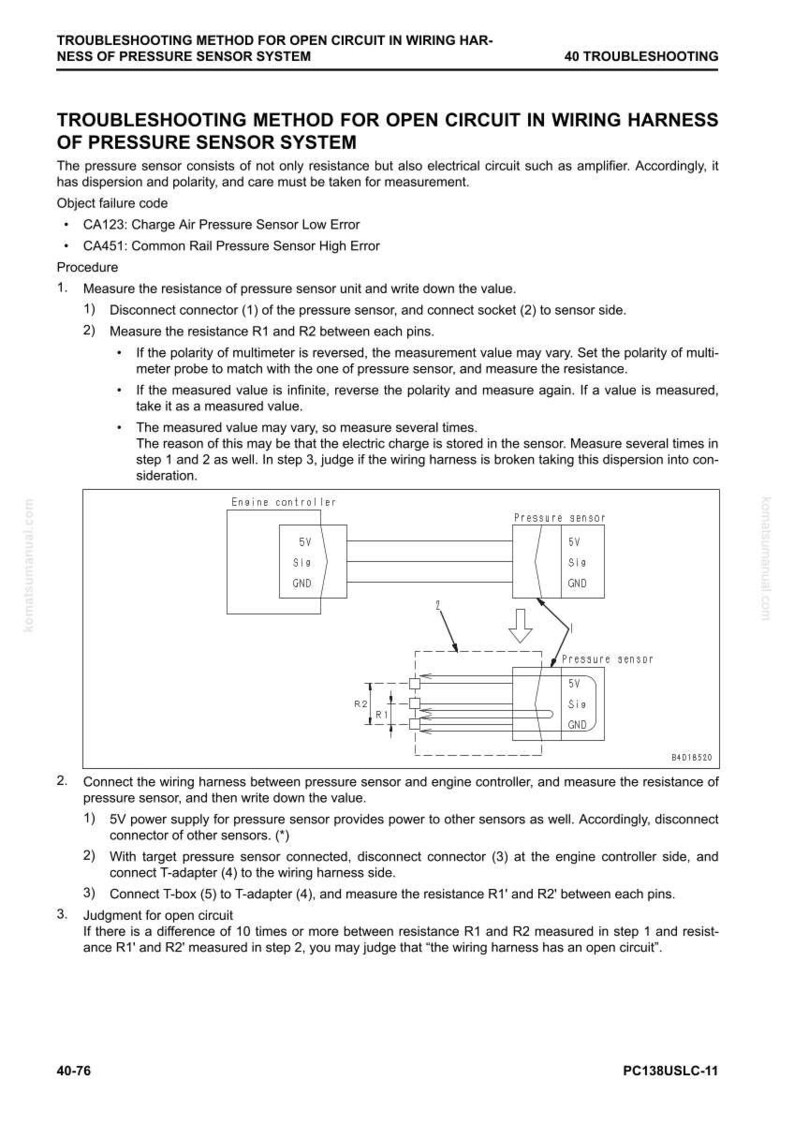 May include: A troubleshooting guide for an open circuit in a wiring harness of a pressure sensor system. The document includes diagrams and instructions for measuring resistance and identifying faults. Includes object failure codes and a wiring diagram.