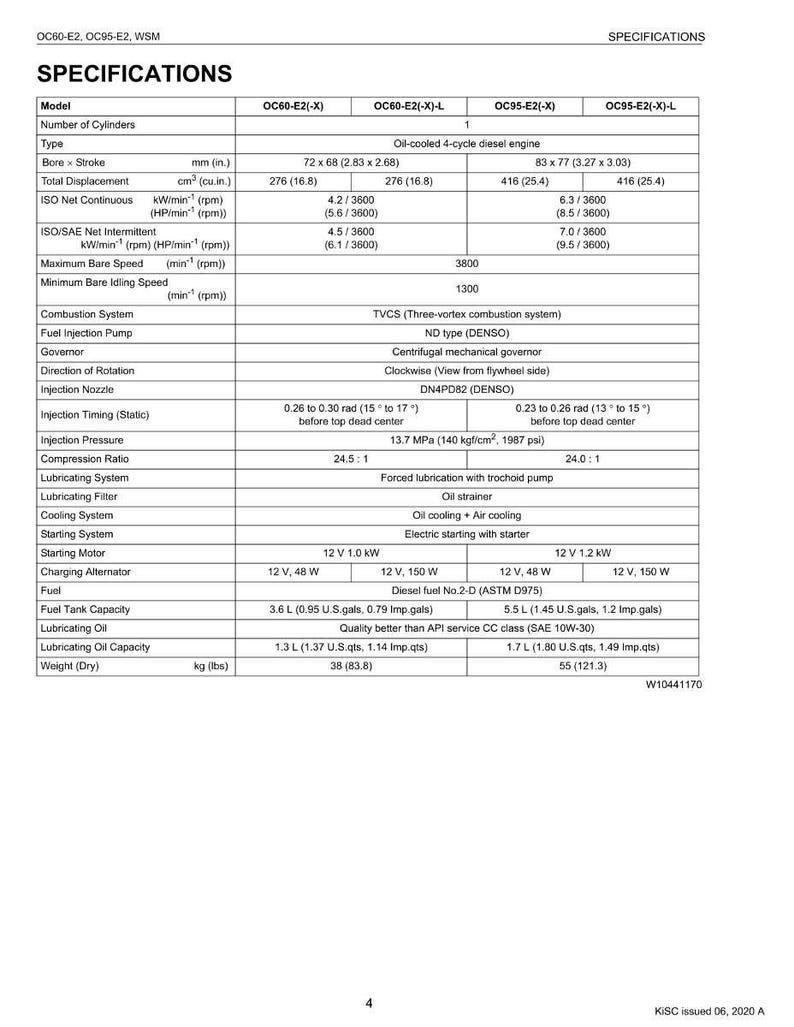 May include: A detailed specifications sheet for diesel engines, including models OC60-E2 and OC95-E2. The sheet provides technical data such as bore, stroke, displacement, and fuel capacity, with measurements in inches and gallons.