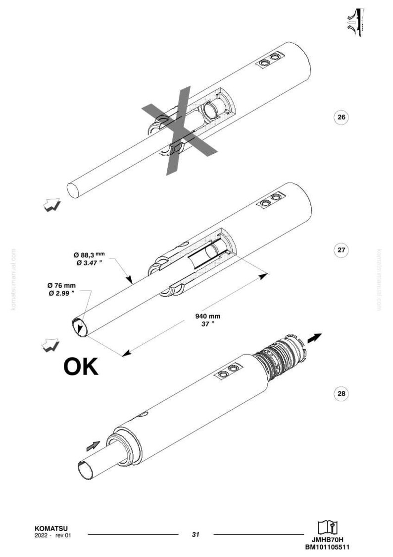 May include: Diagram of a cylindrical mechanical component with measurements in inches. The image includes the text "OK" and the Komatsu logo. The component is shown in different stages of assembly.