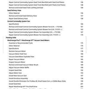 May include: A detailed table of contents from a manual, featuring various agricultural equipment maintenance and repair procedures. Topics include seed delivery, fan systems, and vacuum seed meters. The page numbers are listed on the right.