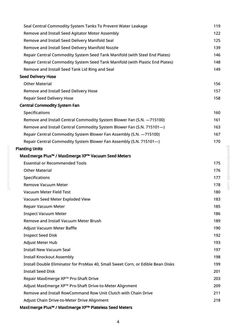 May include: A detailed table of contents from a manual, featuring various agricultural equipment maintenance and repair procedures. Topics include seed delivery, fan systems, and vacuum seed meters. The page numbers are listed on the right.