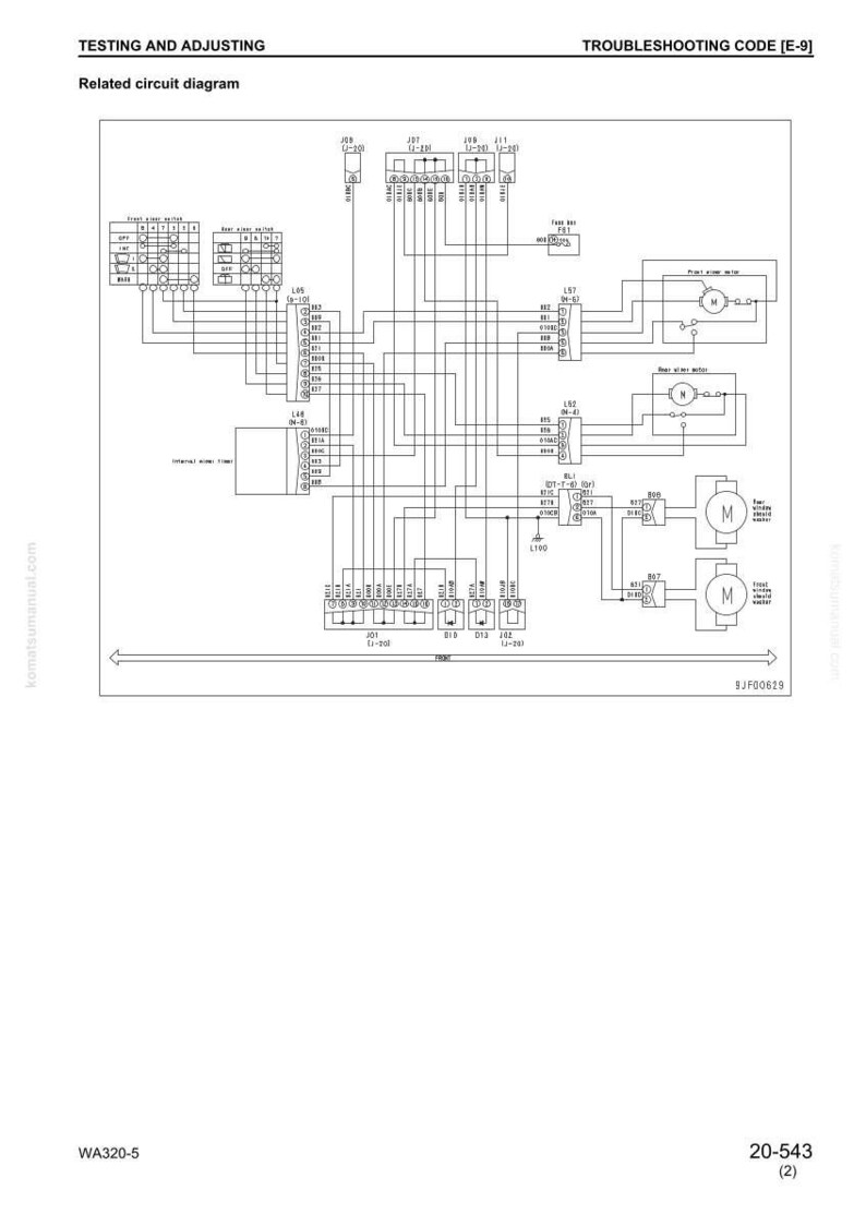 May include: A detailed circuit diagram with text labels and symbols, illustrating electrical connections and components. The diagram includes text that reads "Testing and Adjusting" and "Troubleshooting Code [E-9]", with the model number WA320-5 and the number 20-543.