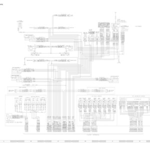 Może przedstawiać: Szczeg&oacute;łowy schemat obwodu elektrycznego, czarno-biały, z licznymi liniami, symbolami i etykietami tekstowymi. Diagram jest ilustracją techniczną, prawdopodobnie do zastosowań motoryzacyjnych lub przemysłowych.