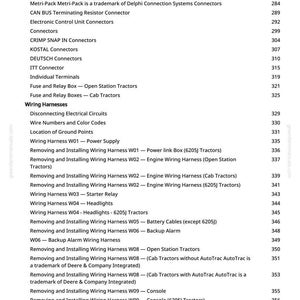 Op de afbeelding: Een pagina uit een handleiding met een inhoudsopgave. De tekst bevat verschillende onderwerpen over kabelbomen, connectoren en gerelateerde componenten voor tractoren. Het paginanummer is 6.