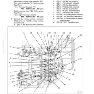 May include: Diagram of a transmission control valve assembly with labels and measurements in Nm and kgm. Includes callouts for bolts, switches, and solenoids. Text includes "Disassembly and assembly".