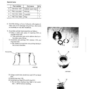 May include: Diagram detailing the assembly of a lift and dump cylinder, featuring part numbers and names. Includes illustrations of components such as a cylinder repair stand, wrench, expander, and ring. Text instructions are provided.