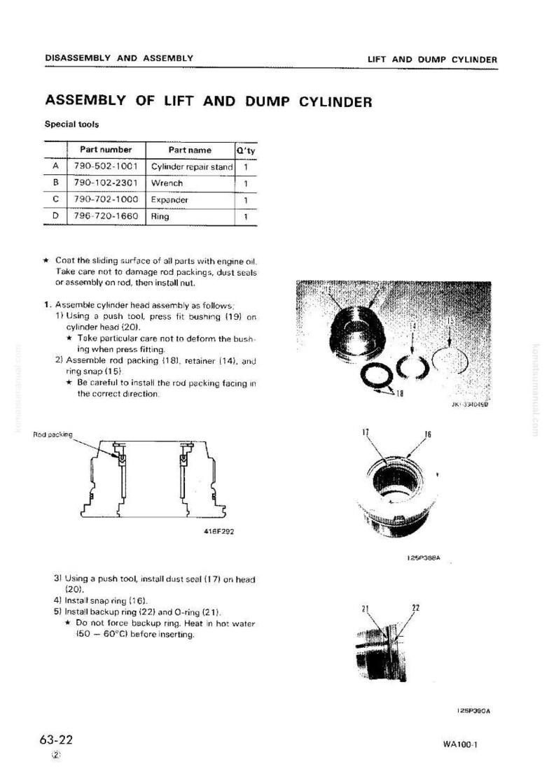 May include: Diagram detailing the assembly of a lift and dump cylinder, featuring part numbers and names. Includes illustrations of components such as a cylinder repair stand, wrench, expander, and ring. Text instructions are provided.