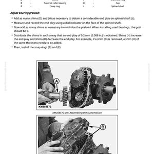 May include: Technical diagram illustrating transmission assembly with labeled parts and instructions. Includes close-up shots of the process, with text and diagrams for adjusting bearing preload. The image shows gears and mechanical components.
