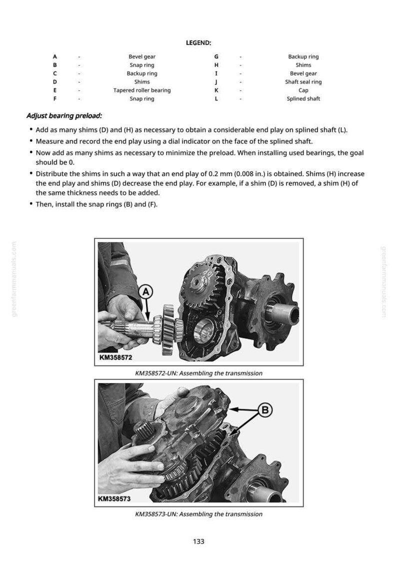 May include: Technical diagram illustrating transmission assembly with labeled parts and instructions. Includes close-up shots of the process, with text and diagrams for adjusting bearing preload. The image shows gears and mechanical components.