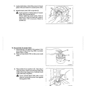 May include: Diagram of a travel motor disassembly and assembly process. The image includes detailed illustrations of parts like the swash plate, spindle, and cylinder block, with labels and instructions.