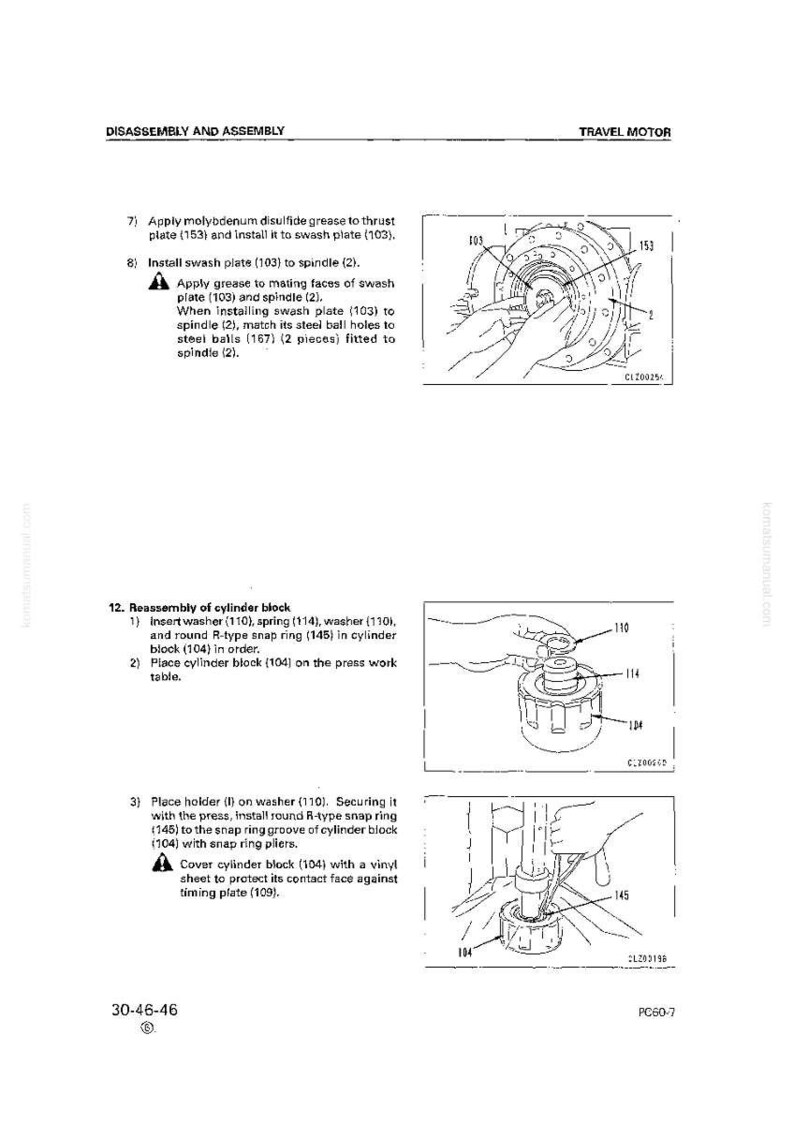 May include: Diagram of a travel motor disassembly and assembly process. The image includes detailed illustrations of parts like the swash plate, spindle, and cylinder block, with labels and instructions.