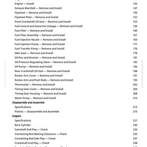 May include: A manual page detailing engine repair procedures. The text includes entries such as "Connecting Rod - Remove, Inspect, and Install" and "Cylinder Head - Remove and Install". The page number is 4.