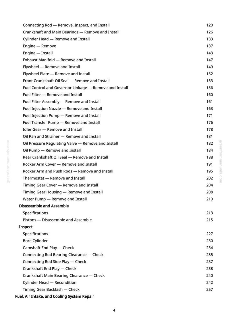 May include: A manual page detailing engine repair procedures. The text includes entries such as "Connecting Rod - Remove, Inspect, and Install" and "Cylinder Head - Remove and Install". The page number is 4.