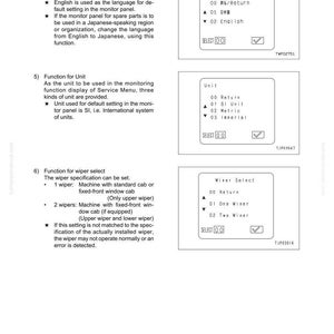 May include: A technical document page with instructions for adjusting and testing a monitor panel. The page includes options for language selection (English and Japanese), unit selection (SI, Metric, Imperial), and wiper settings.