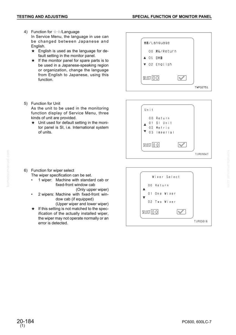 May include: A technical document page with instructions for adjusting and testing a monitor panel. The page includes options for language selection (English and Japanese), unit selection (SI, Metric, Imperial), and wiper settings.