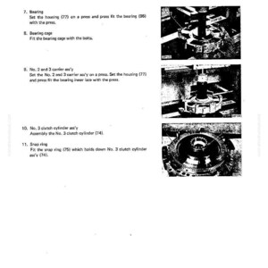 May include: A page from a manual titled "Transmission Disassembly and Assembly" with diagrams and instructions. The page includes numbered steps for bearing and clutch cylinder assembly, with accompanying images of mechanical components.