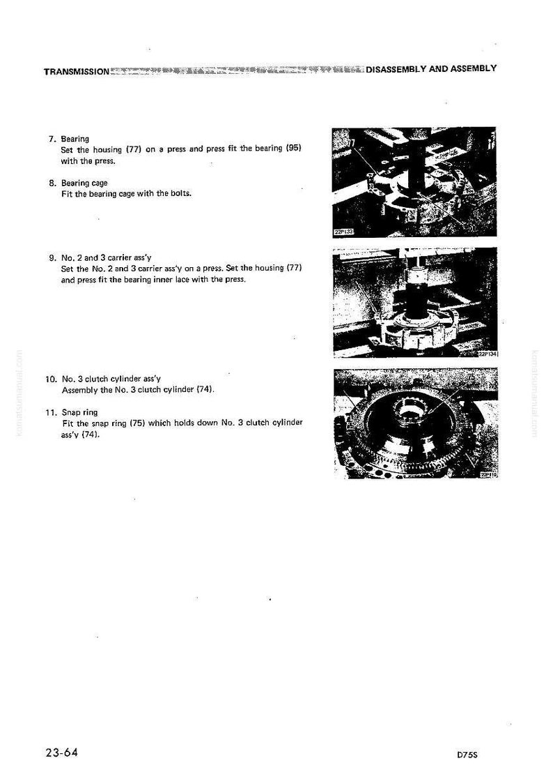 May include: A page from a manual titled "Transmission Disassembly and Assembly" with diagrams and instructions. The page includes numbered steps for bearing and clutch cylinder assembly, with accompanying images of mechanical components.