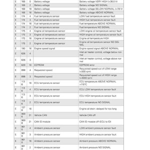 K&ouml;nnte beinhalten: Eine Tabelle mit Motorfehlercodes f&uuml;r einen Massey Ferguson Traktor. Das Dokument listet Fehlercodes, betroffene Komponenten und m&ouml;gliche Ursachen auf. Der Text ist schwarz-wei&szlig;, mit dem Massey Ferguson Logo.