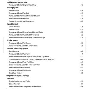 May include: A page from a greenfarmmanuals.com manual, listing engine repair procedures. Sections include cooling, speed controls, and fuel systems. The page number is 6.