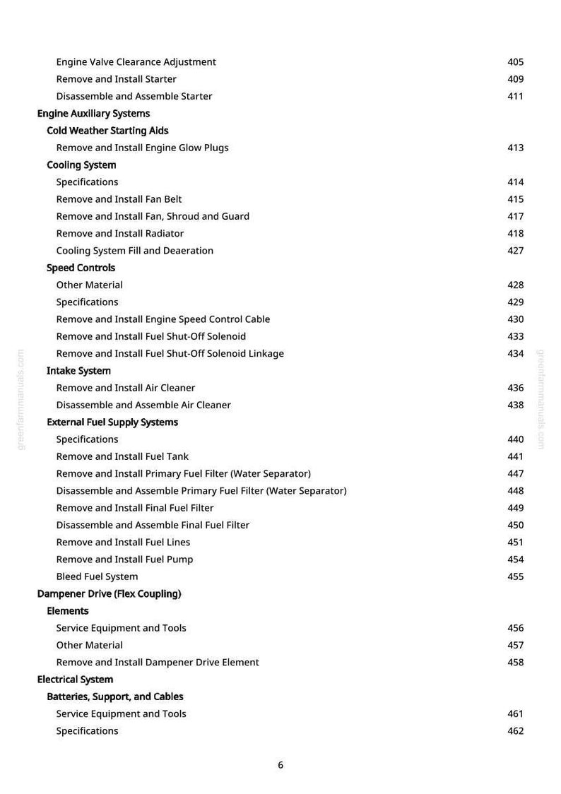 May include: A page from a greenfarmmanuals.com manual, listing engine repair procedures. Sections include cooling, speed controls, and fuel systems. The page number is 6.