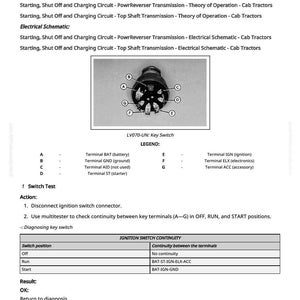 Puede incluir: Diagrama de una prueba de diagn&oacute;stico del interruptor de llave para tractores de cabina. La imagen incluye un diagrama de cableado, una leyenda e instrucciones para probar la continuidad del interruptor. El texto incluye la leyenda del interruptor y los pasos para probar el interruptor.