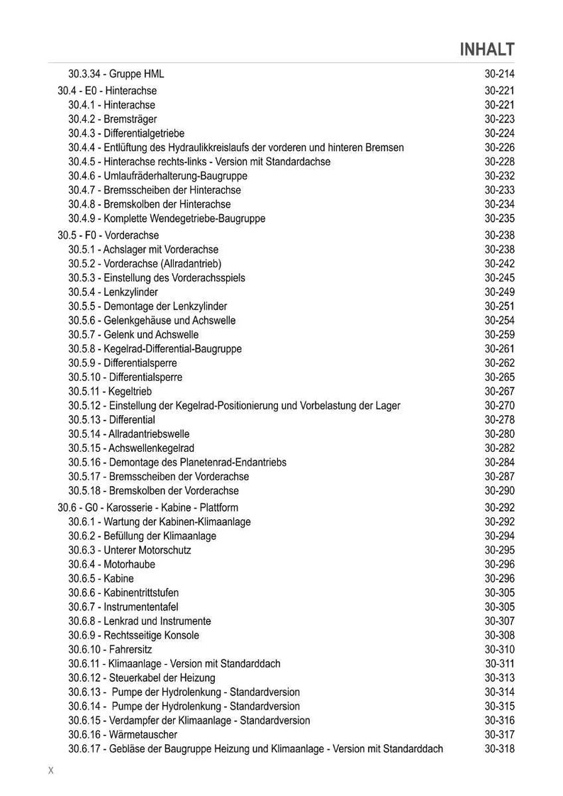 May include: A detailed table of contents in black text on a white background. The document lists various automotive components and systems, including brakes, axles, and climate control, with corresponding page numbers.