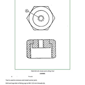 K&ouml;nnte beinhalten: Diagramm eines Werkzeugs zum Anheben von Mittelgelenken, mit Draufsicht und Seitenansicht. Die Draufsicht zeigt eine sechseckige Form mit einem zentralen kreisf&ouml;rmigen Design. Die Seitenansicht veranschaulicht die innere Struktur des Werkzeugs. Text: "Center Joint (Rotary Manifold) Lifting Tool."