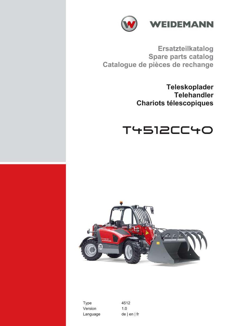 May include: Red and gray Weidemann T4512CC40 telehandler. The image includes the Weidemann logo, spare parts catalog information, and the model number. The telehandler has a large bucket and is designed for heavy-duty work.