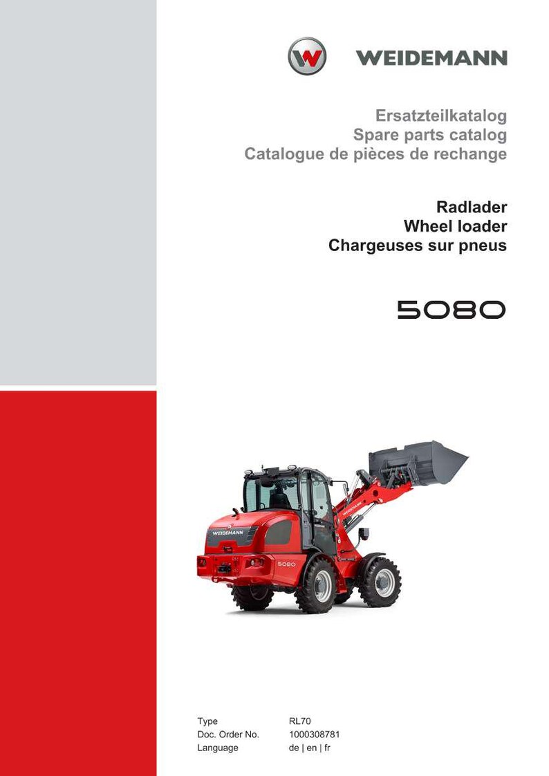 Op de afbeelding: Een rode Weidemann 5080 wiellader, met een opgetilde bak, wordt getoond tegen een witte achtergrond. De afbeelding bevat het Weidemann-logo en tekst in meerdere talen: Ersatzteilkatalog, Spare parts catalog, en Catalogue de pi&egrave;ces de rechange.