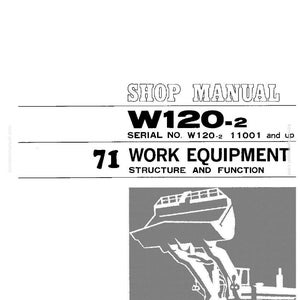 Pode incluir: Capa do manual de oficina para equipamentos de trabalho W120-2. A capa apresenta o texto "SHOP MANUAL" no topo, seguido de "W120-2" e "SERIAL NO. W120-2 11001 and up". Abaixo est&aacute; "71 WORK EQUIPMENT STRUCTURE AND FUNCTION". Ilustra&ccedil;&atilde;o em tons de cinza de uma carregadeira.