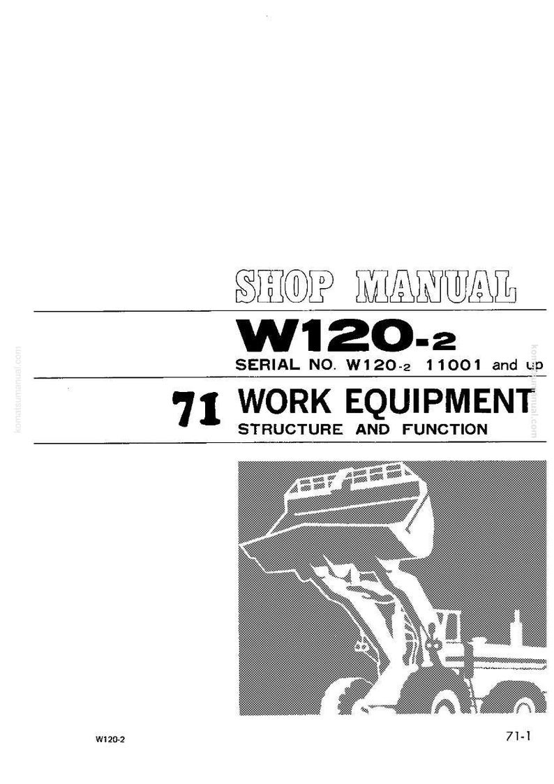 Pode incluir: Capa do manual de oficina para equipamentos de trabalho W120-2. A capa apresenta o texto "SHOP MANUAL" no topo, seguido de "W120-2" e "SERIAL NO. W120-2 11001 and up". Abaixo est&aacute; "71 WORK EQUIPMENT STRUCTURE AND FUNCTION". Ilustra&ccedil;&atilde;o em tons de cinza de uma carregadeira.