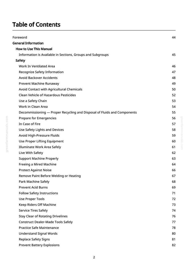 May include: A manual's contents page, titled "Table of Contents", detailing safety and maintenance topics. The text includes sections on safety, emergency preparation, and machine maintenance. Page numbers are on the right.