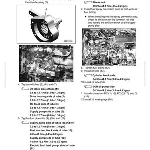 May include: Diagram of engine components with labels and measurements in Nm and kgm. Includes images of fuel supply pump assembly, oil tubes, and fuel pipes. Text includes instructions for disassembly and assembly.