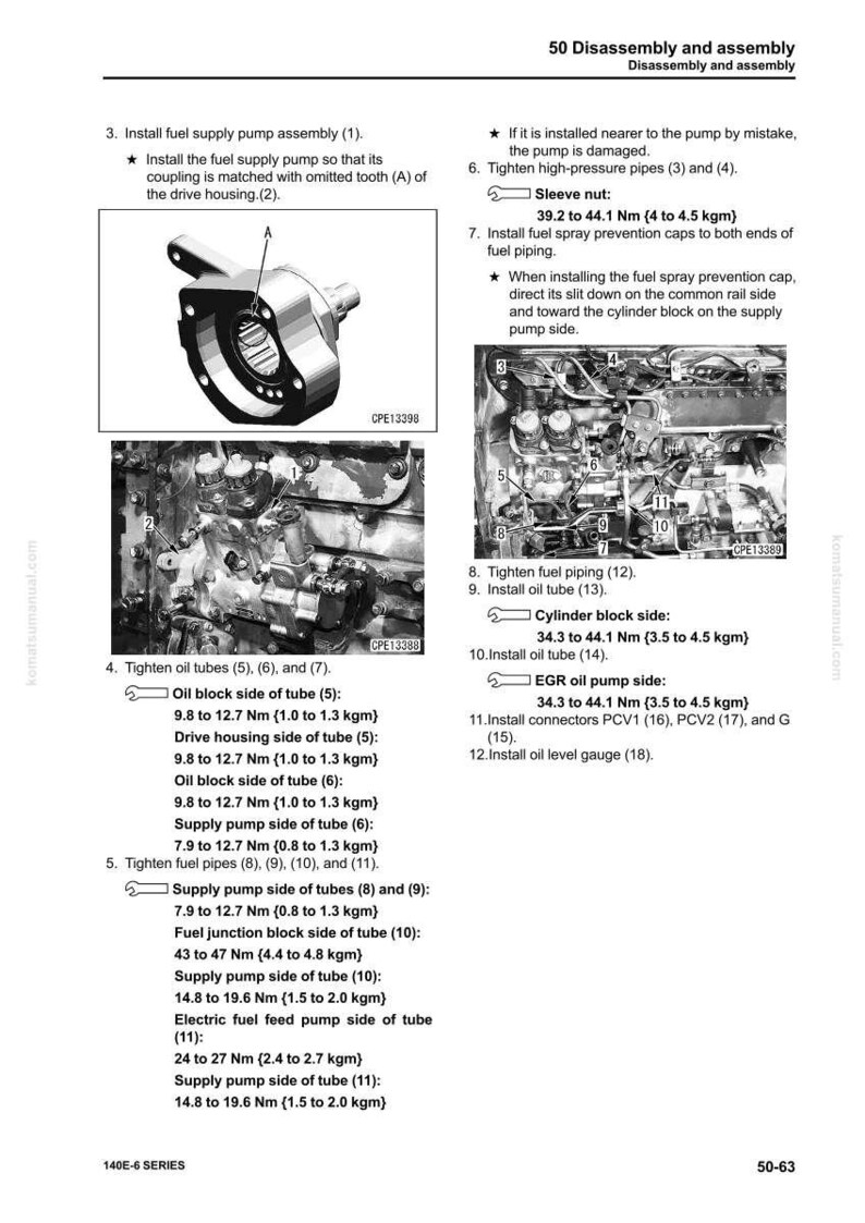 May include: Diagram of engine components with labels and measurements in Nm and kgm. Includes images of fuel supply pump assembly, oil tubes, and fuel pipes. Text includes instructions for disassembly and assembly.