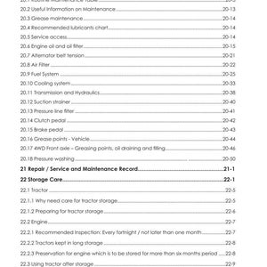 May include: A white document detailing tractor maintenance, repair, and storage procedures. The table of contents includes sections on engine oil, air filters, and fuel systems. Page numbers are included.