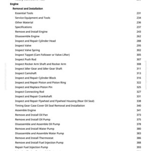 May include: A detailed table of contents from a manual, listing engine removal and installation procedures. The text includes steps for inspecting and repairing various engine components, such as the cylinder head, valve, and crankshaft. The page numbers are listed on the right.