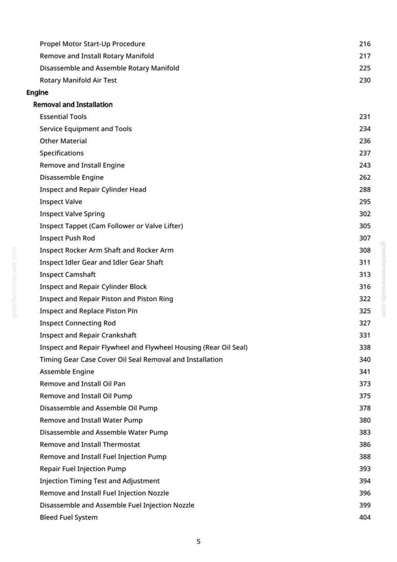 May include: A detailed table of contents from a manual, listing engine removal and installation procedures. The text includes steps for inspecting and repairing various engine components, such as the cylinder head, valve, and crankshaft. The page numbers are listed on the right.