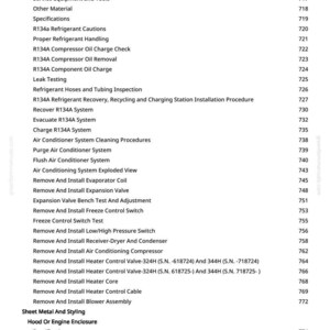 May include: A detailed table of contents from a manual, listing topics related to automotive heating and air conditioning systems. Topics include refrigerant handling, compressor oil checks, and component removal.