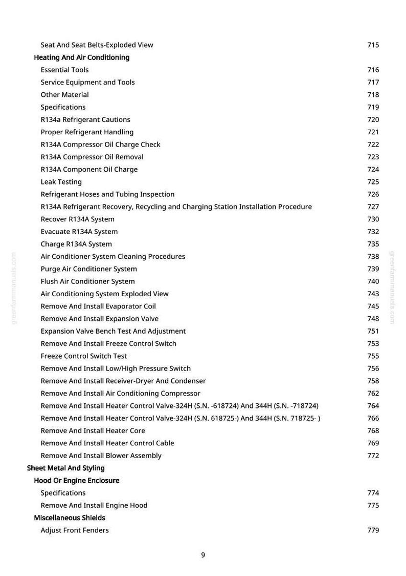 May include: A detailed table of contents from a manual, listing topics related to automotive heating and air conditioning systems. Topics include refrigerant handling, compressor oil checks, and component removal.