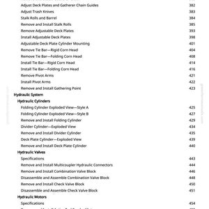 May include: A page from a manual with a table of contents. The text includes sections on hydraulic systems, cylinders, valves, and motors. Page numbers are listed on the right side.