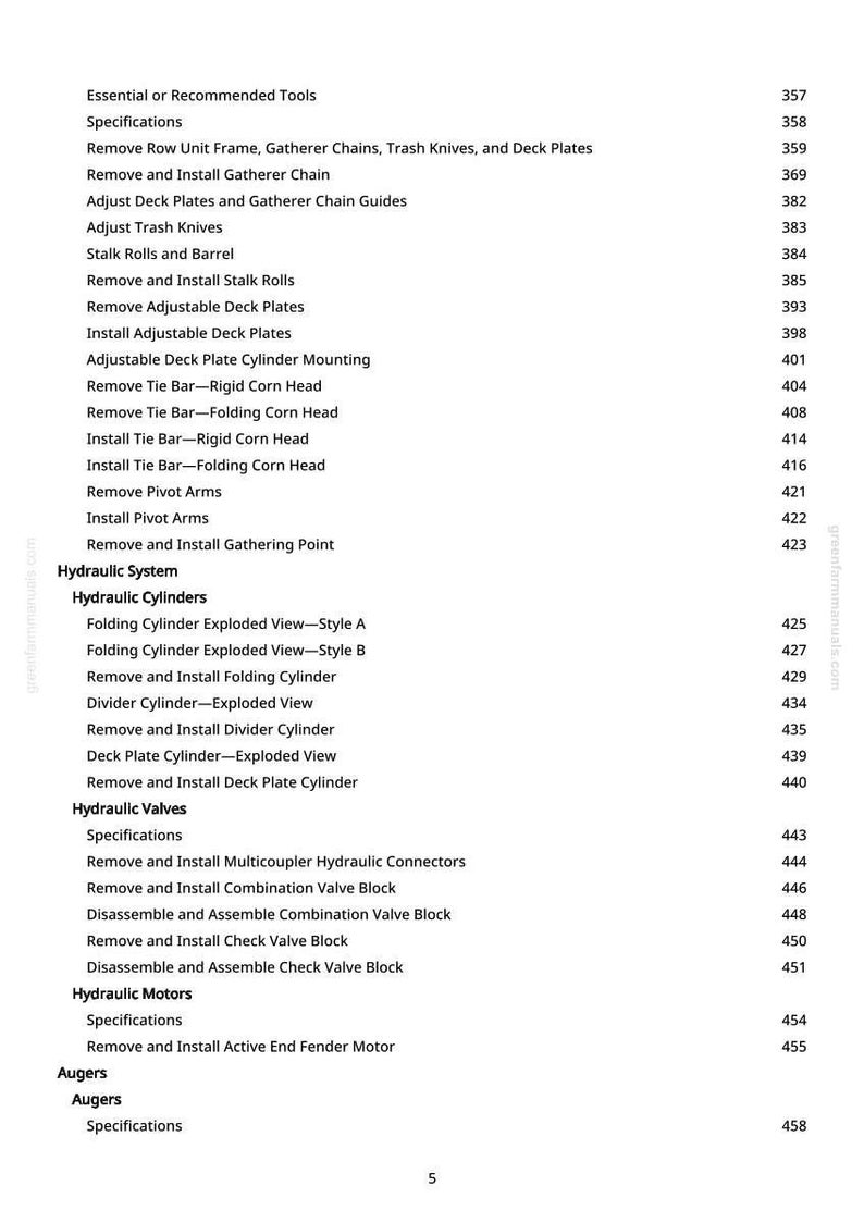 May include: A page from a manual with a table of contents. The text includes sections on hydraulic systems, cylinders, valves, and motors. Page numbers are listed on the right side.