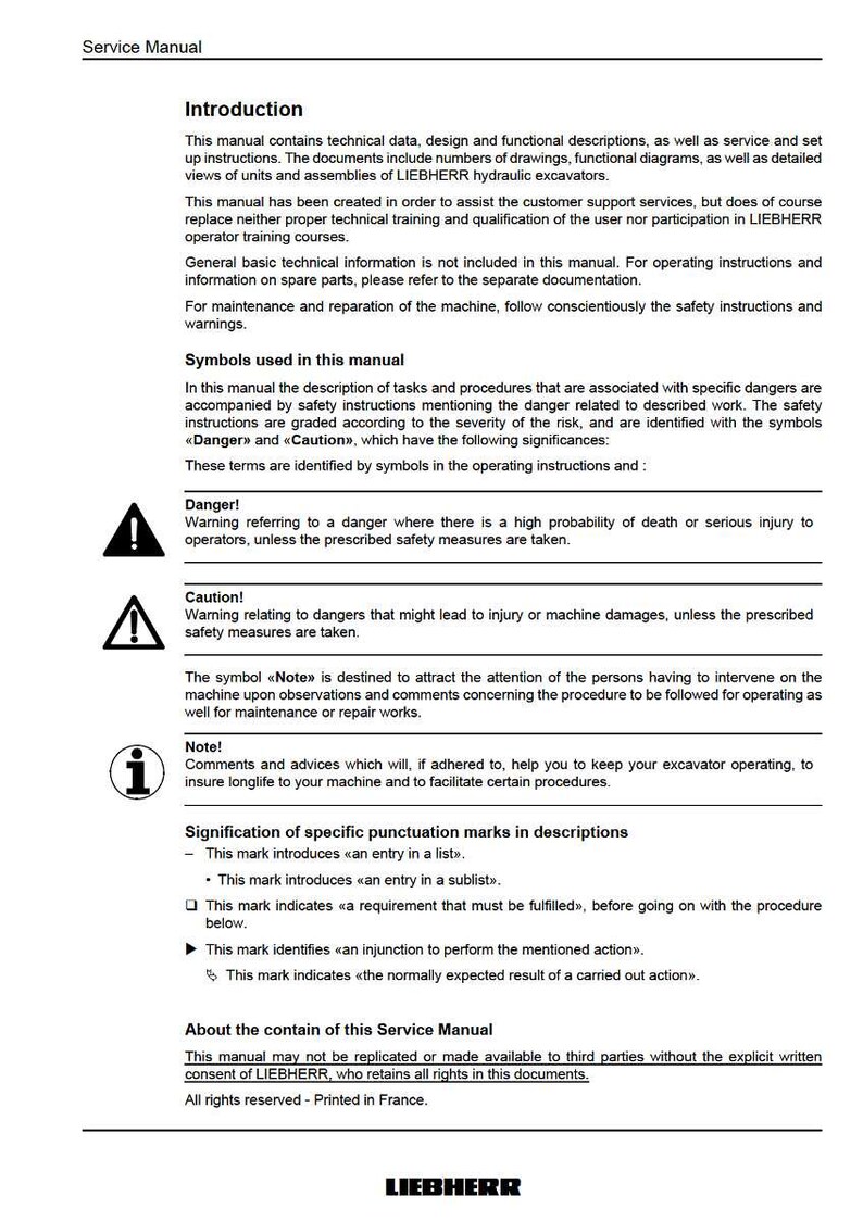 Pode incluir: Um manual de servi&ccedil;o da LIEBHERR, intitulado "Service Manual". Inclui uma introdu&ccedil;&atilde;o, explica&ccedil;&otilde;es de s&iacute;mbolos e avisos de seguran&ccedil;a. O texto &eacute; preto sobre fundo branco. O manual &eacute; impresso na Fran&ccedil;a.
