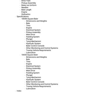 Peut inclure: Un document blanc avec une liste d&eacute;taill&eacute;e des pi&egrave;ces d'une presse &agrave; balles, comprenant des sections sur le d&eacute;pannage, les sp&eacute;cifications et divers composants tels que le moteur, les pneus et le syst&egrave;me hydraulique. Le logo AGCO est en bas.