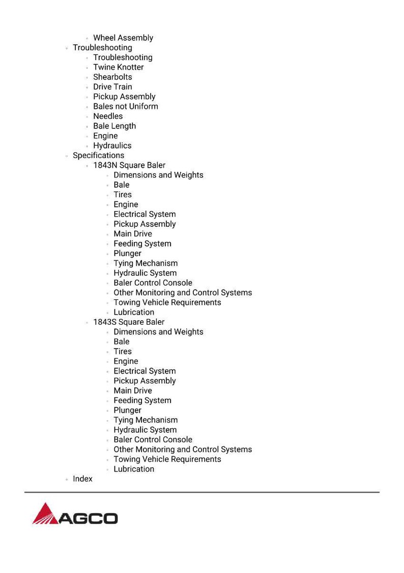 Peut inclure: Un document blanc avec une liste d&eacute;taill&eacute;e des pi&egrave;ces d'une presse &agrave; balles, comprenant des sections sur le d&eacute;pannage, les sp&eacute;cifications et divers composants tels que le moteur, les pneus et le syst&egrave;me hydraulique. Le logo AGCO est en bas.